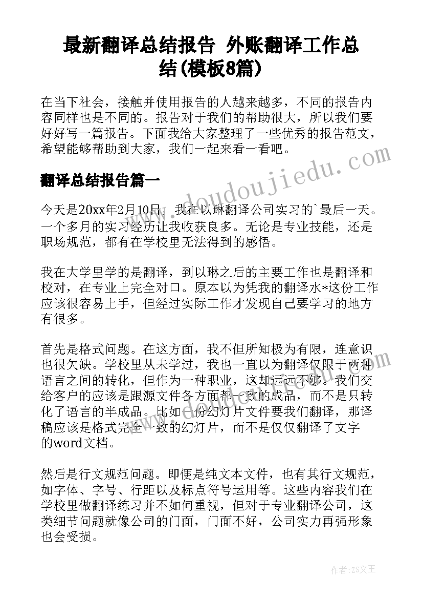 最新翻译总结报告 外账翻译工作总结(模板8篇)