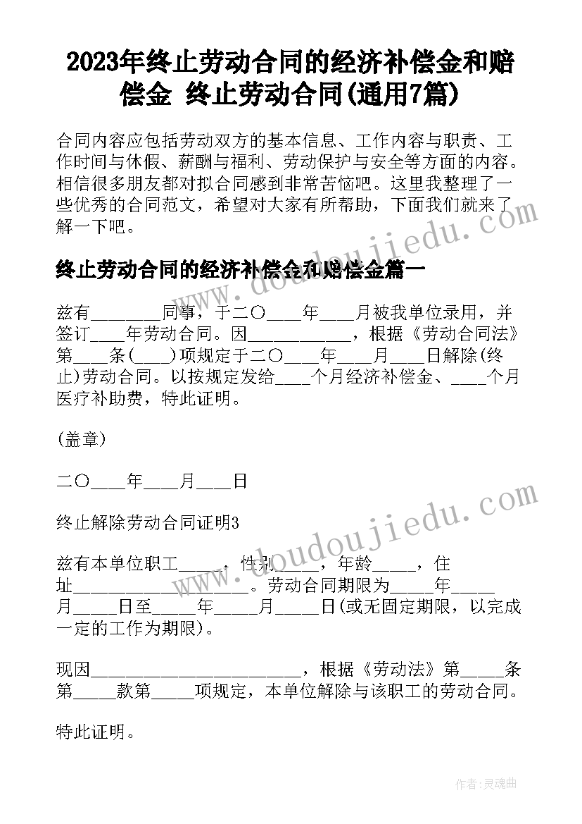 2023年终止劳动合同的经济补偿金和赔偿金 终止劳动合同(通用7篇)