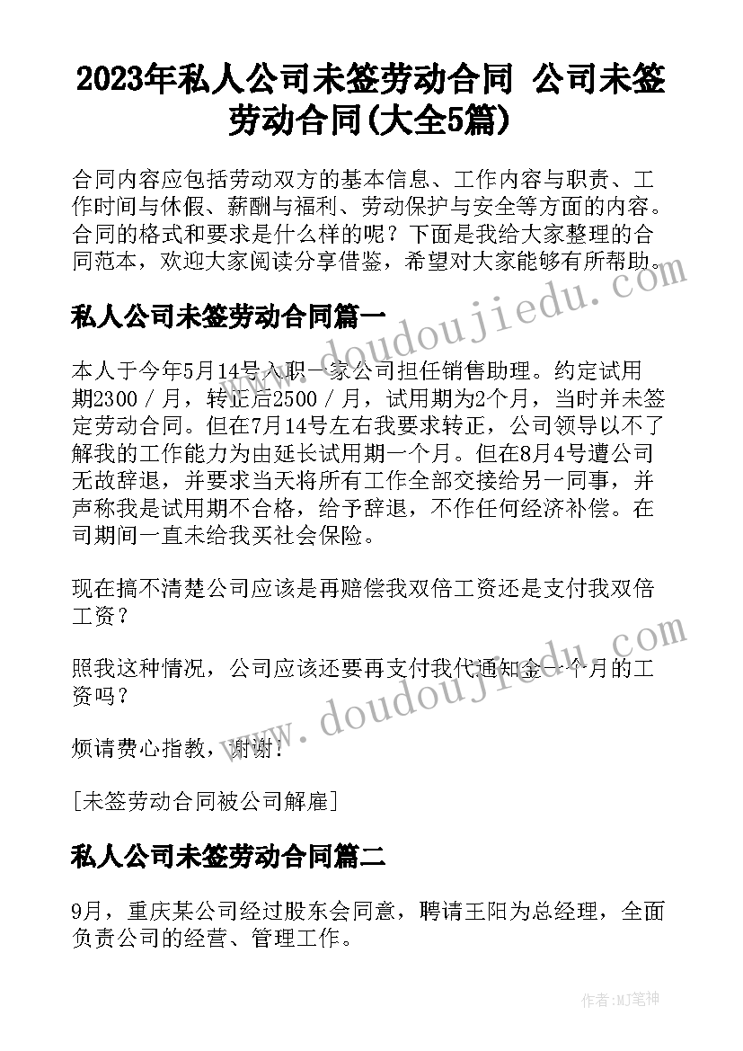 2023年私人公司未签劳动合同 公司未签劳动合同(大全5篇)