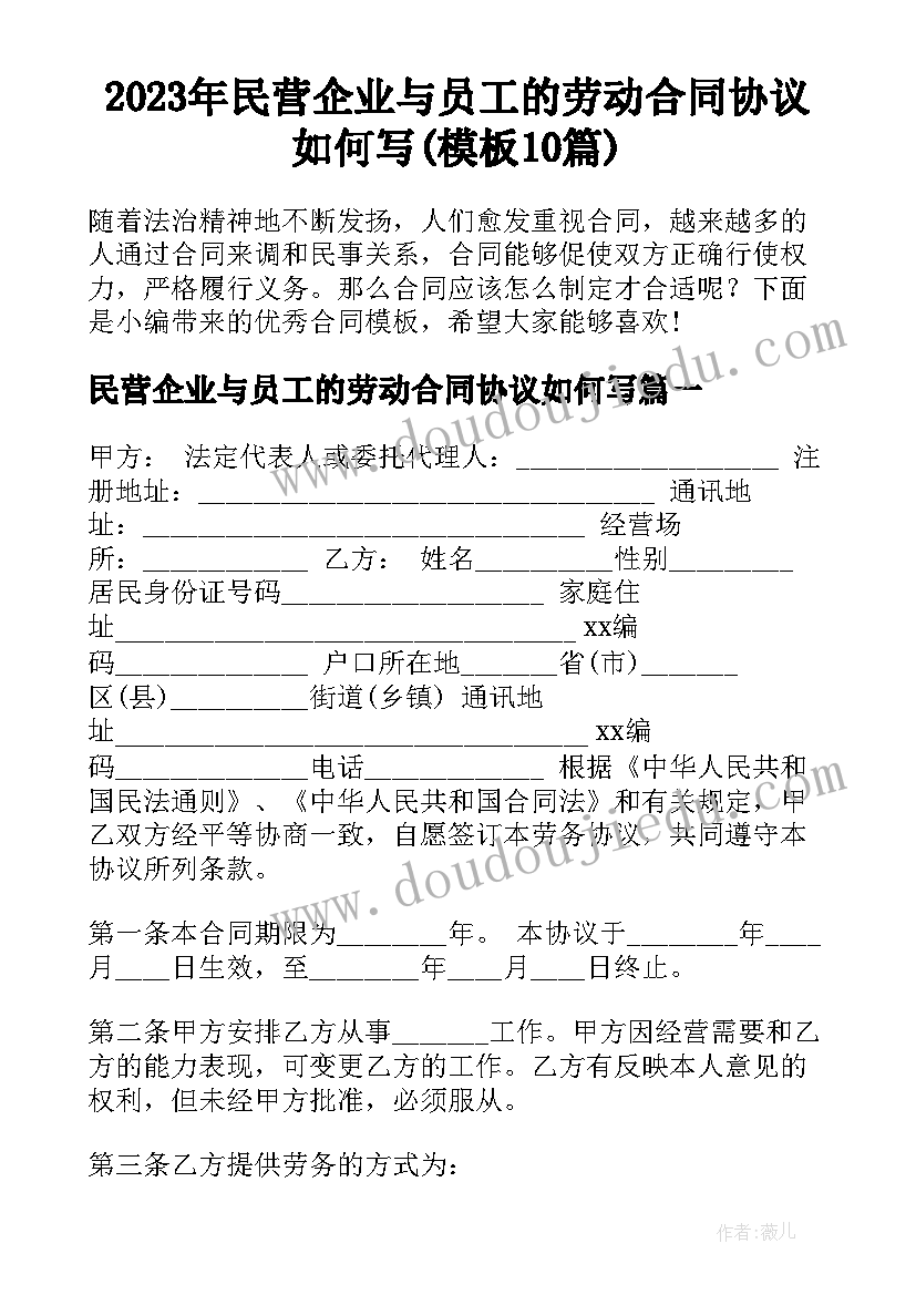 2023年民营企业与员工的劳动合同协议如何写(模板10篇)