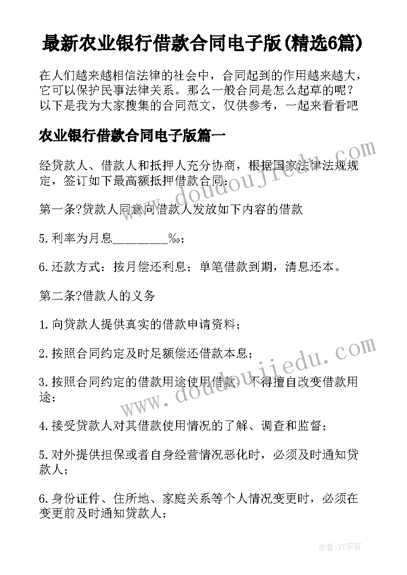 最新农业银行借款合同电子版(精选6篇)