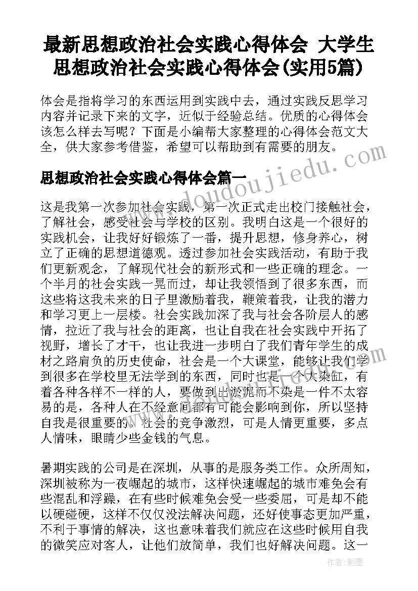 最新思想政治社会实践心得体会 大学生思想政治社会实践心得体会(实用5篇)