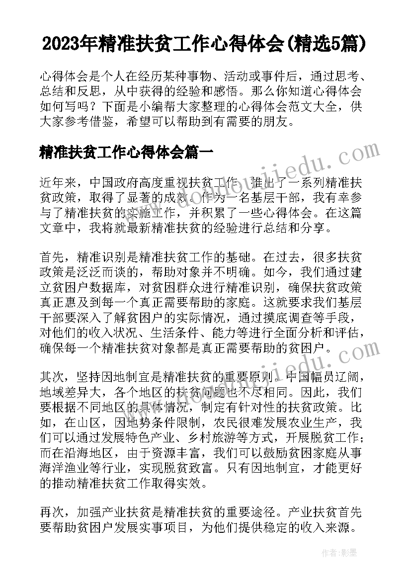 2023年精准扶贫工作心得体会(精选5篇)