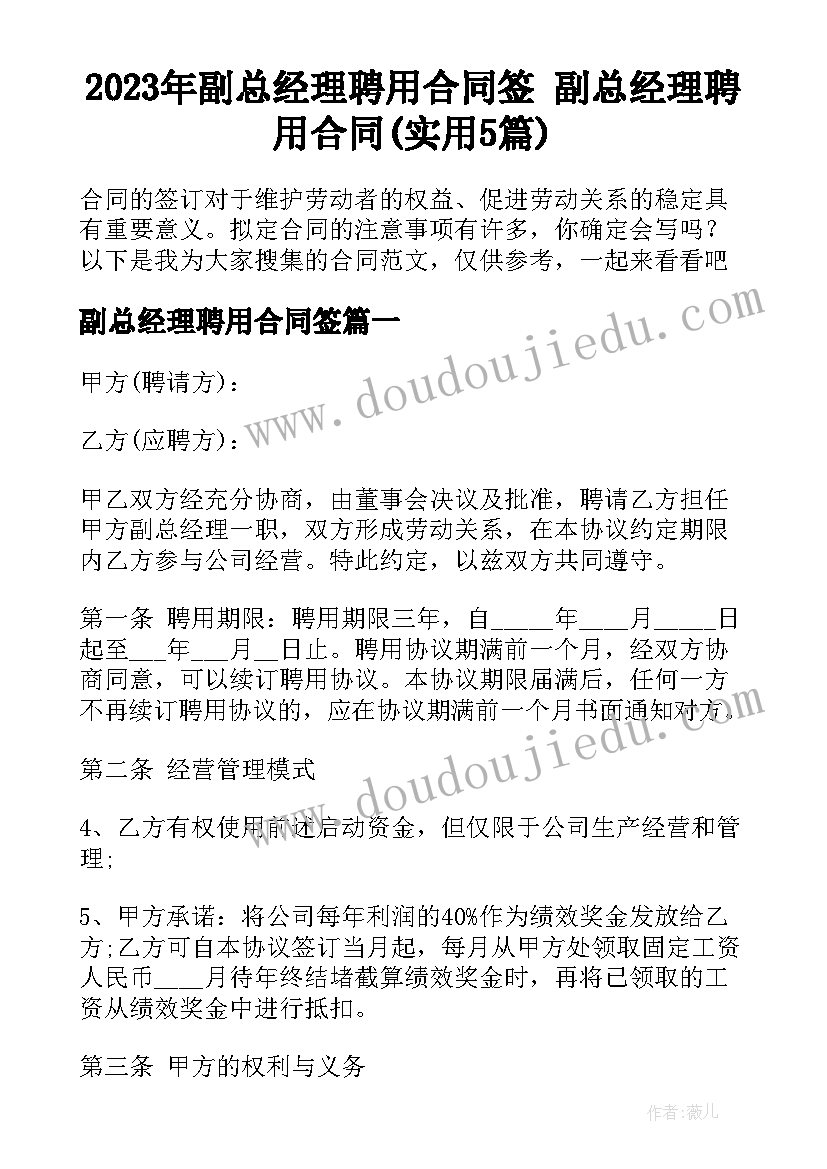 2023年副总经理聘用合同签 副总经理聘用合同(实用5篇)