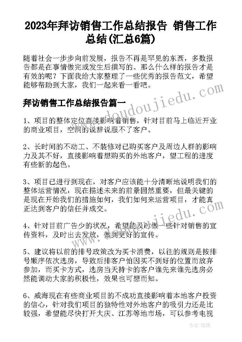 2023年拜访销售工作总结报告 销售工作总结(汇总6篇)