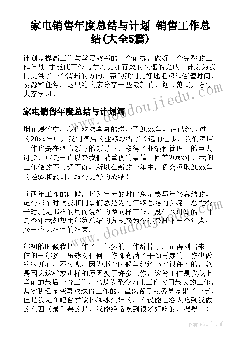 家电销售年度总结与计划 销售工作总结(大全5篇)