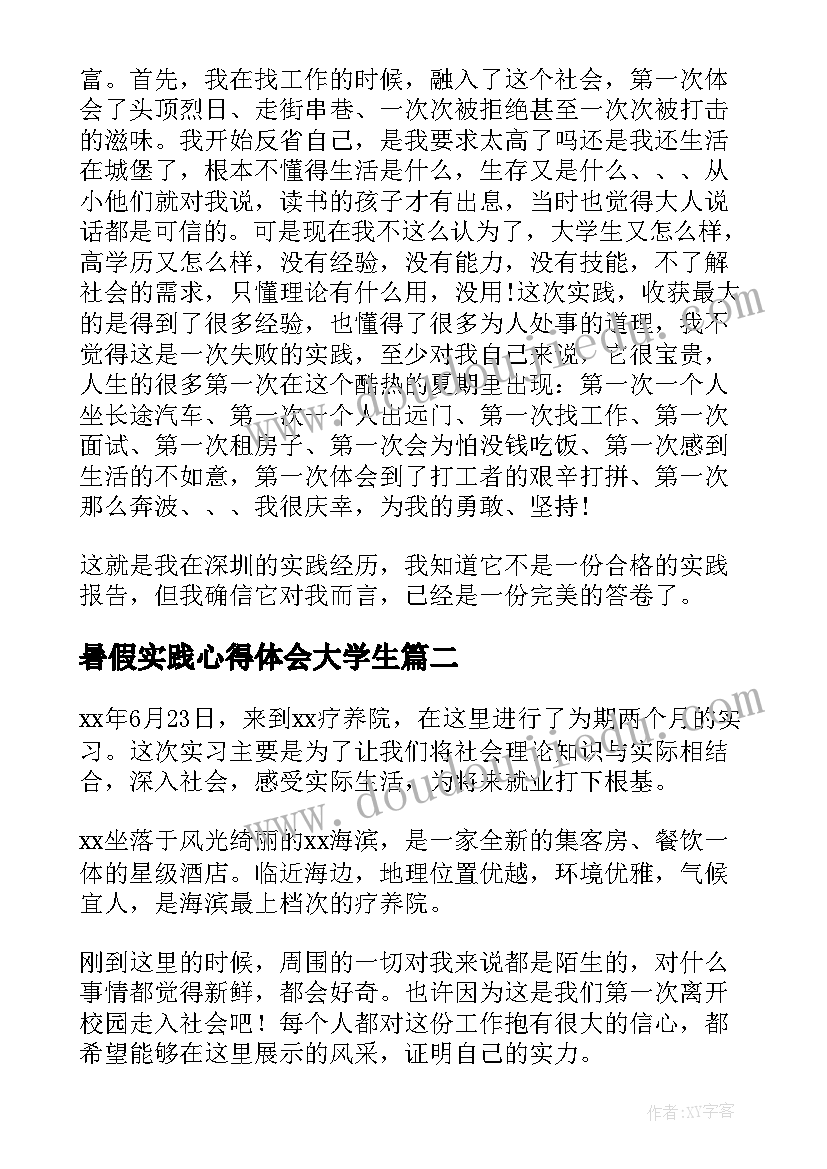 暑假实践心得体会大学生(汇总7篇)