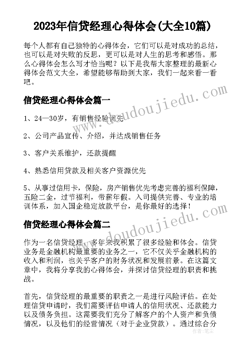 2023年信贷经理心得体会(大全10篇)