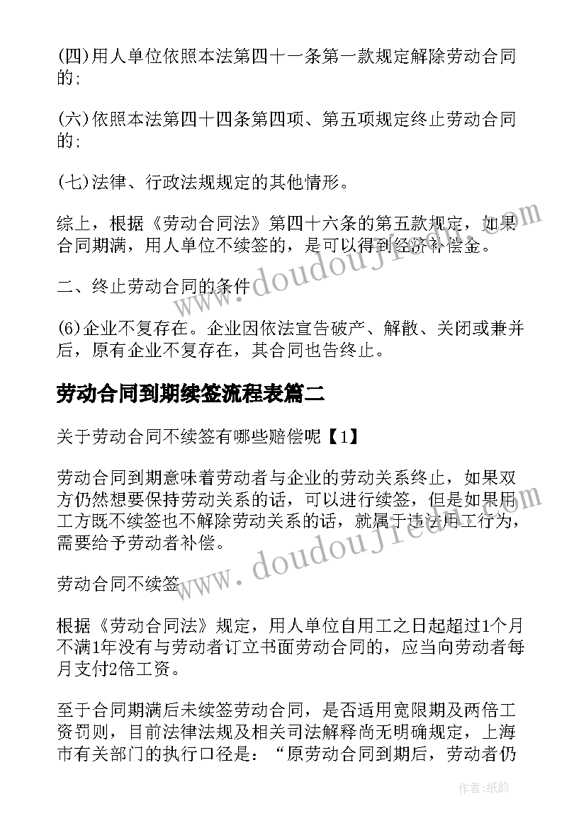 劳动合同到期续签流程表 劳动合同到期不续签有补偿(精选5篇)