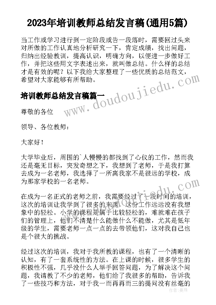 2023年培训教师总结发言稿(通用5篇)