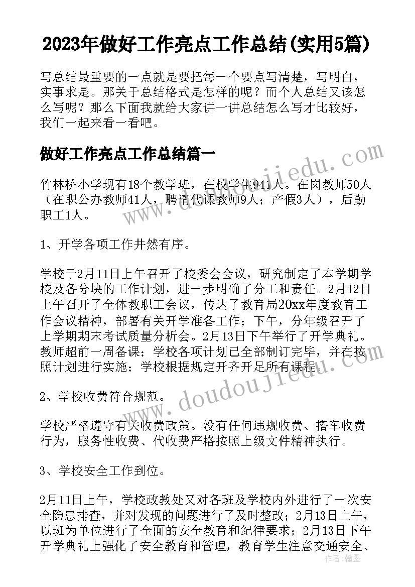 2023年做好工作亮点工作总结(实用5篇)