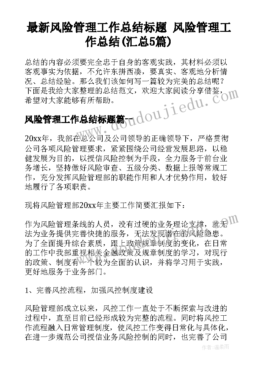 最新风险管理工作总结标题 风险管理工作总结(汇总5篇)