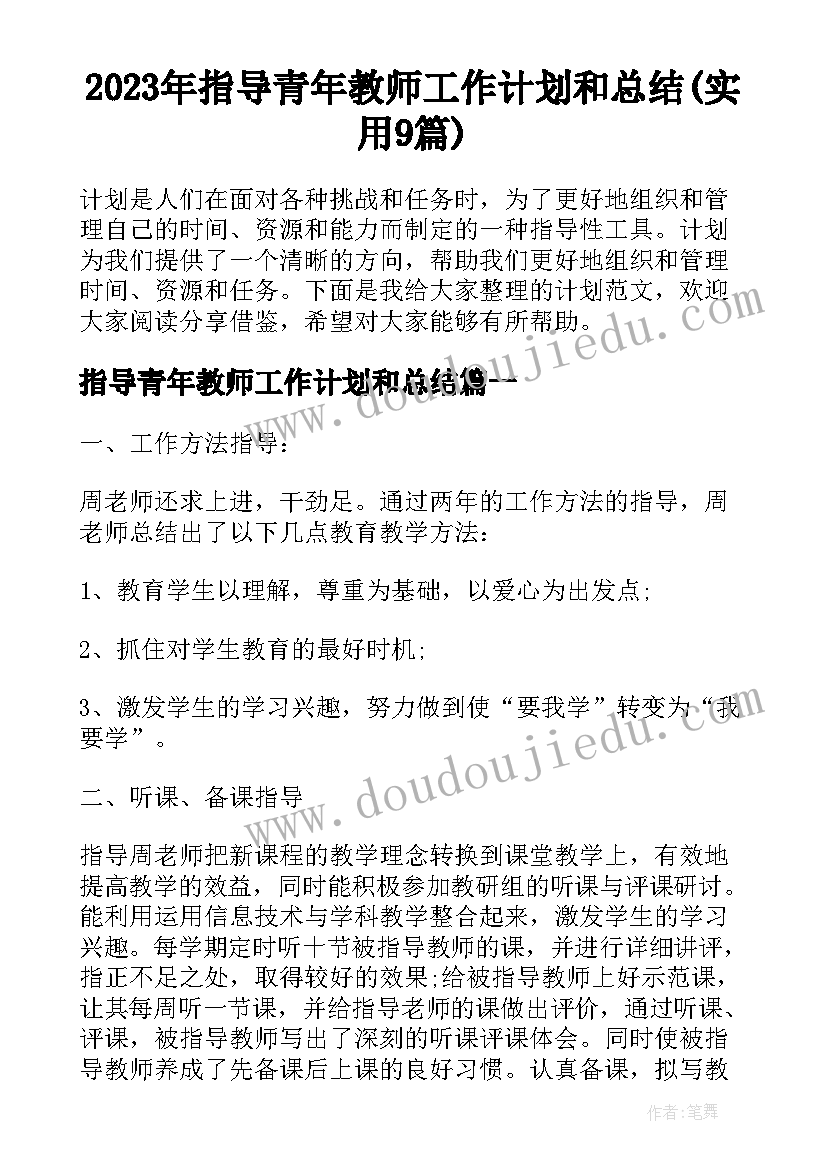 2023年指导青年教师工作计划和总结(实用9篇)