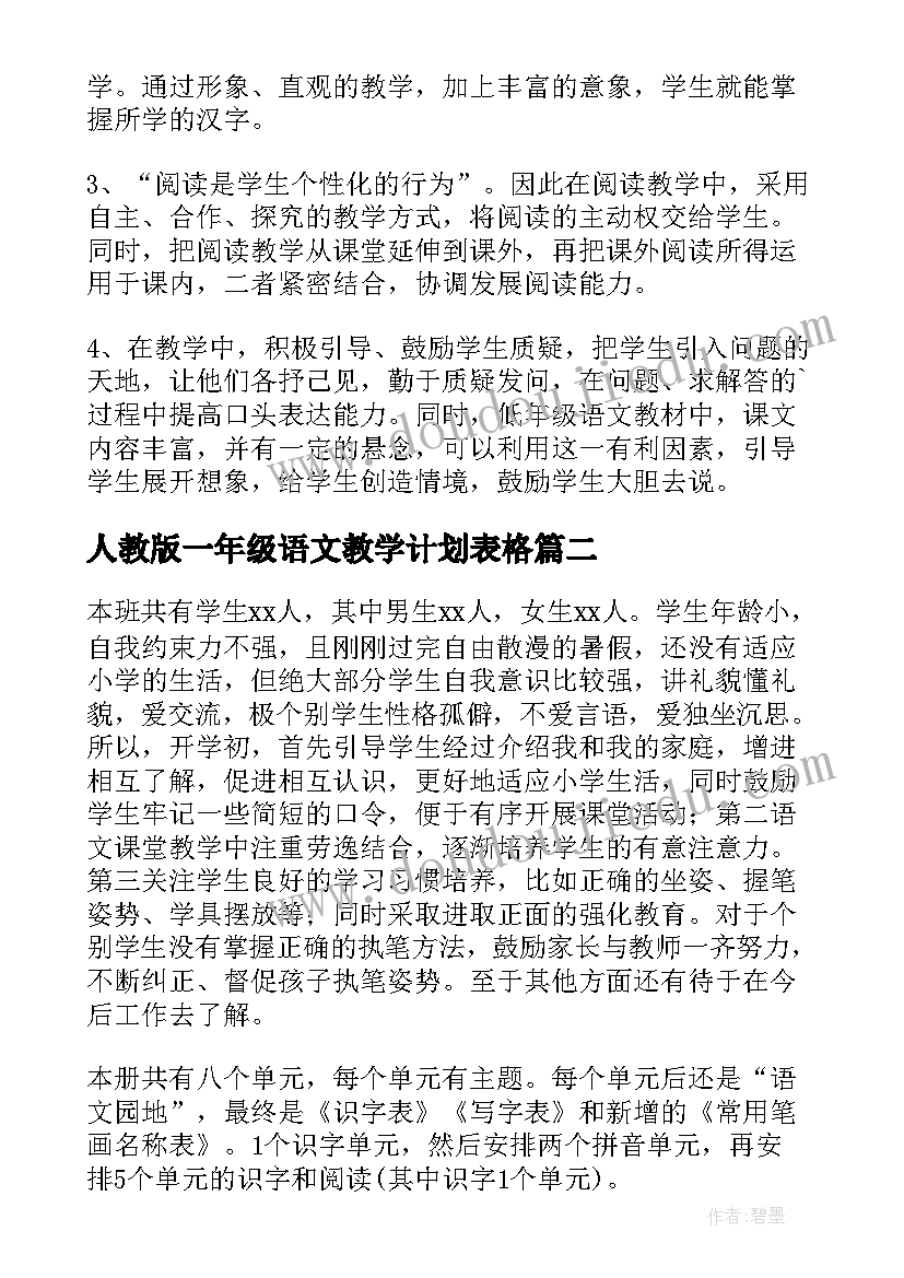 最新人教版一年级语文教学计划表格(精选8篇)