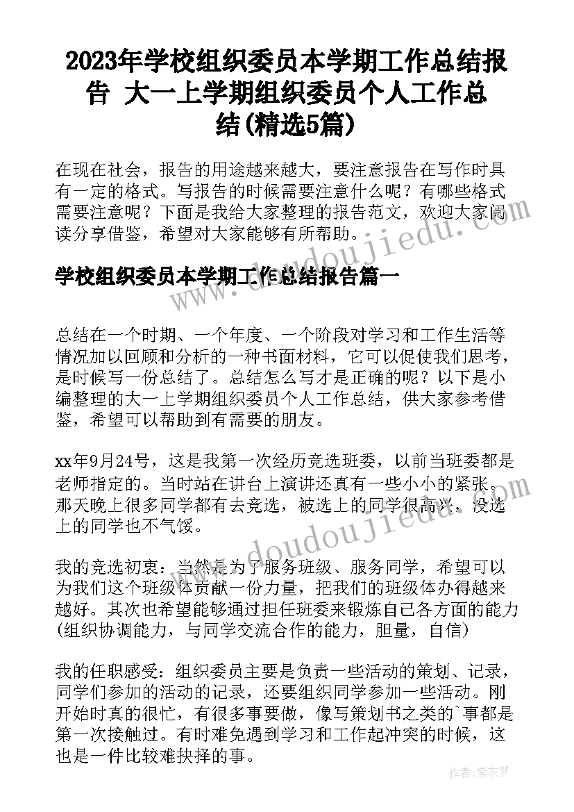 2023年学校组织委员本学期工作总结报告 大一上学期组织委员个人工作总结(精选5篇)