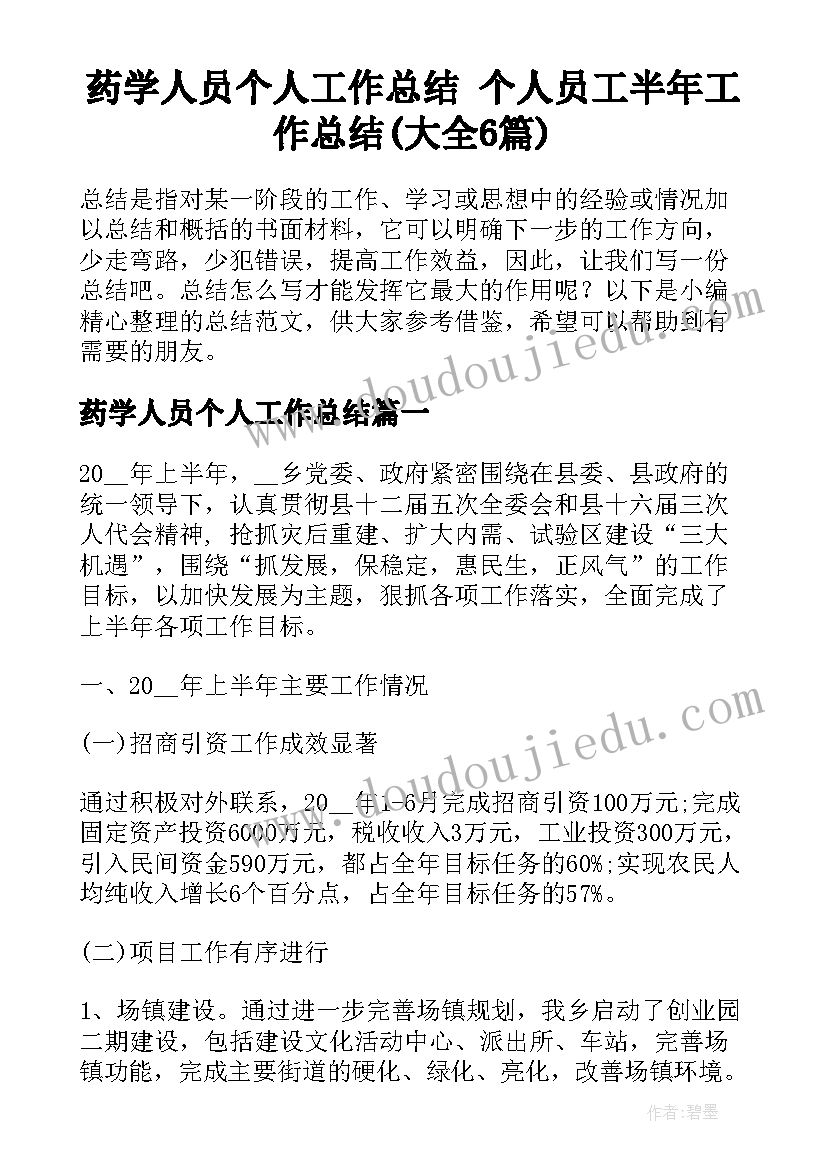 药学人员个人工作总结 个人员工半年工作总结(大全6篇)