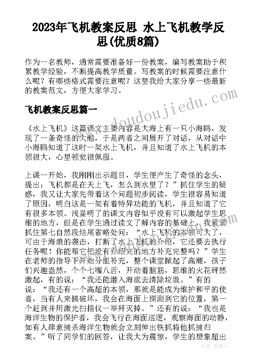 2023年飞机教案反思 水上飞机教学反思(优质8篇)