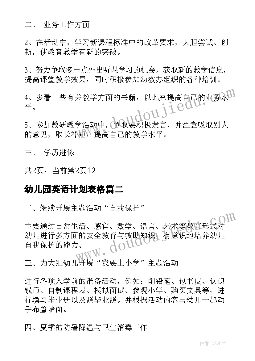 最新幼儿园英语计划表格 幼儿园教师个人研修计划表(模板5篇)