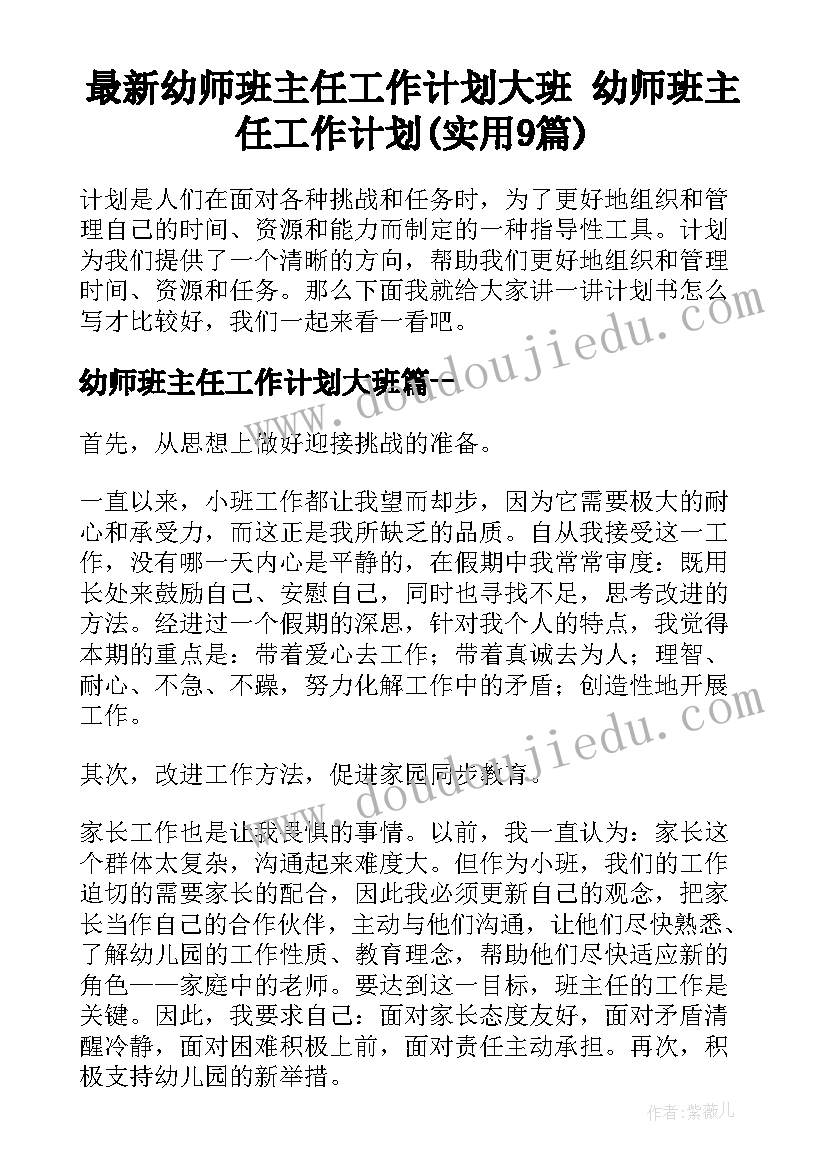 最新幼师班主任工作计划大班 幼师班主任工作计划(实用9篇)