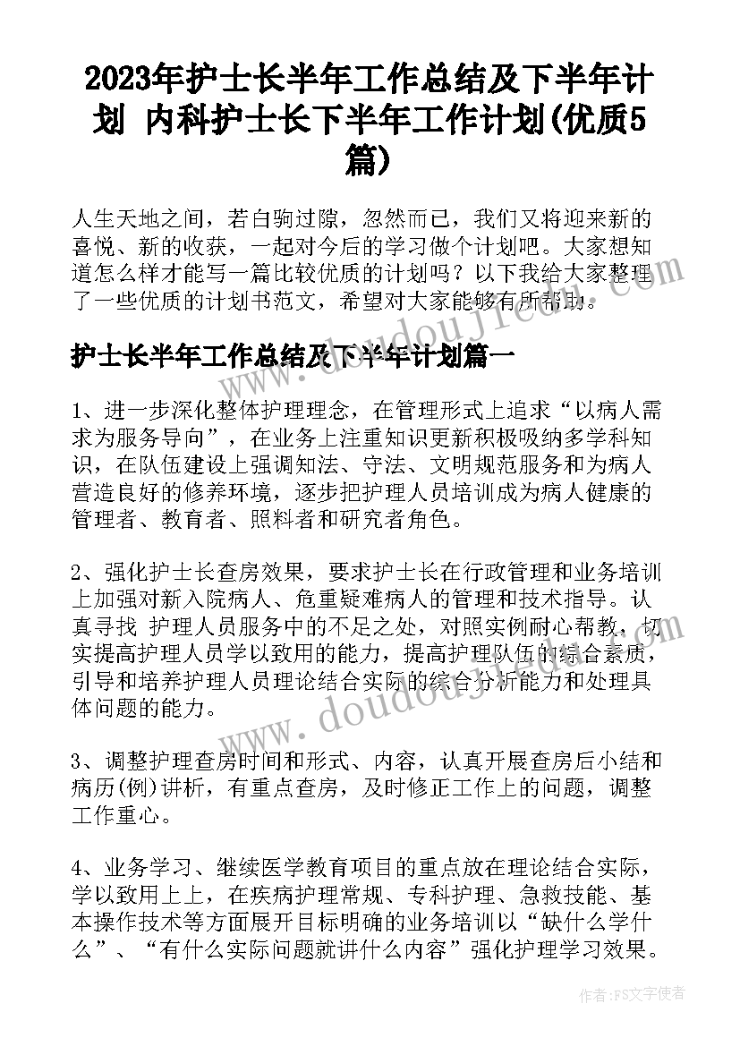 2023年护士长半年工作总结及下半年计划 内科护士长下半年工作计划(优质5篇)