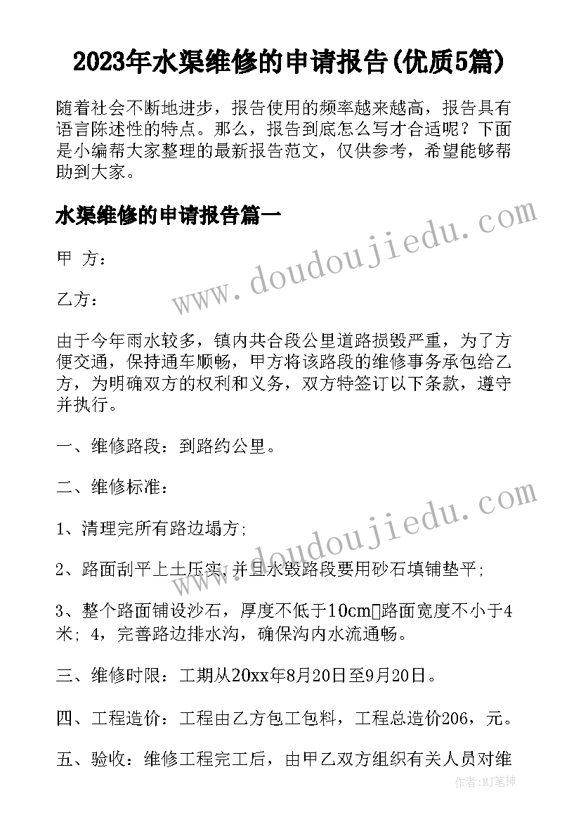 2023年水渠维修的申请报告(优质5篇)