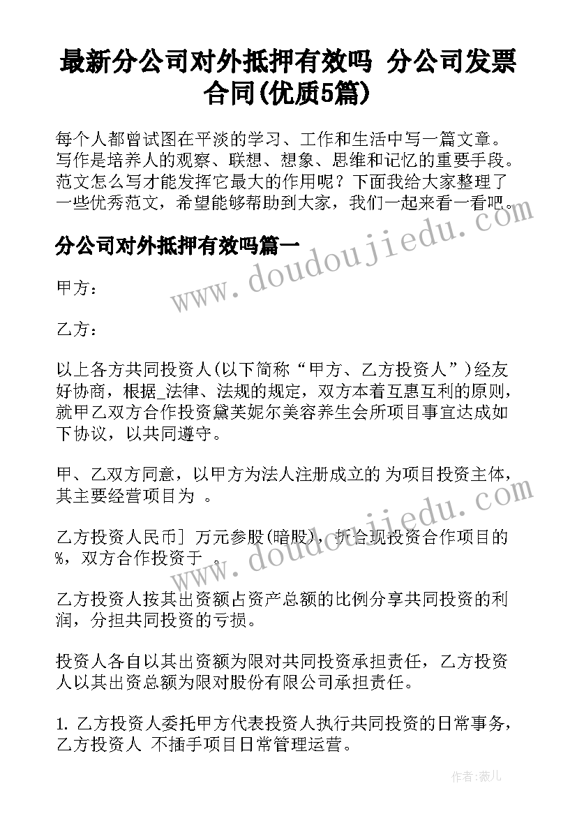 最新分公司对外抵押有效吗 分公司发票合同(优质5篇)