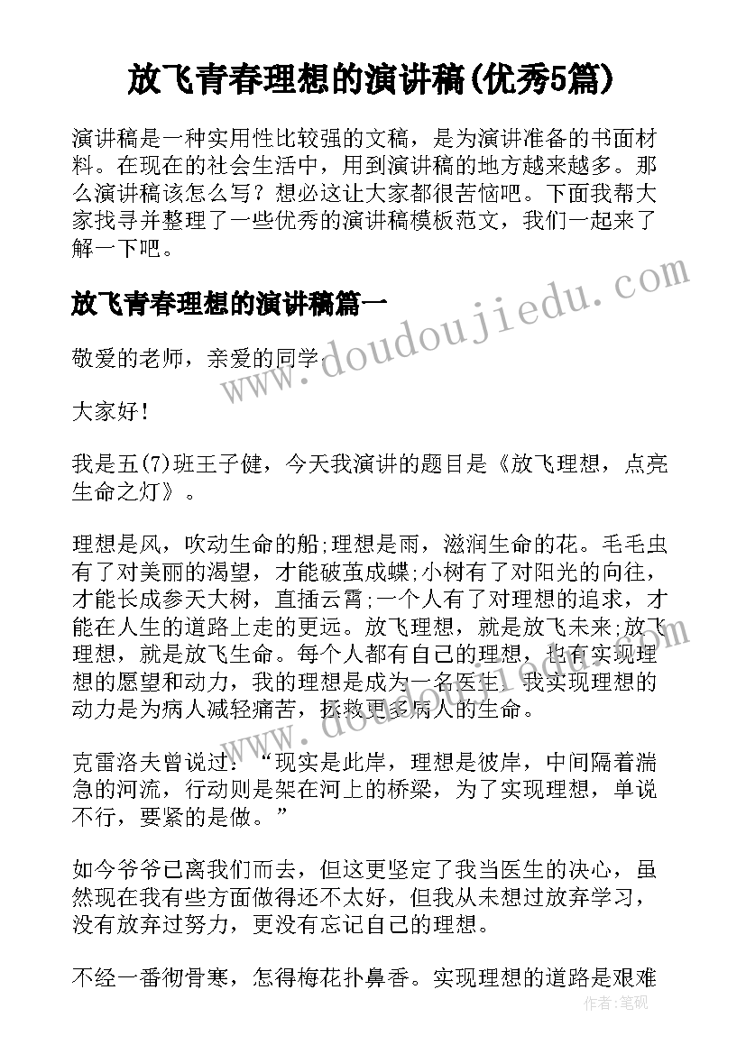 放飞青春理想的演讲稿(优秀5篇)