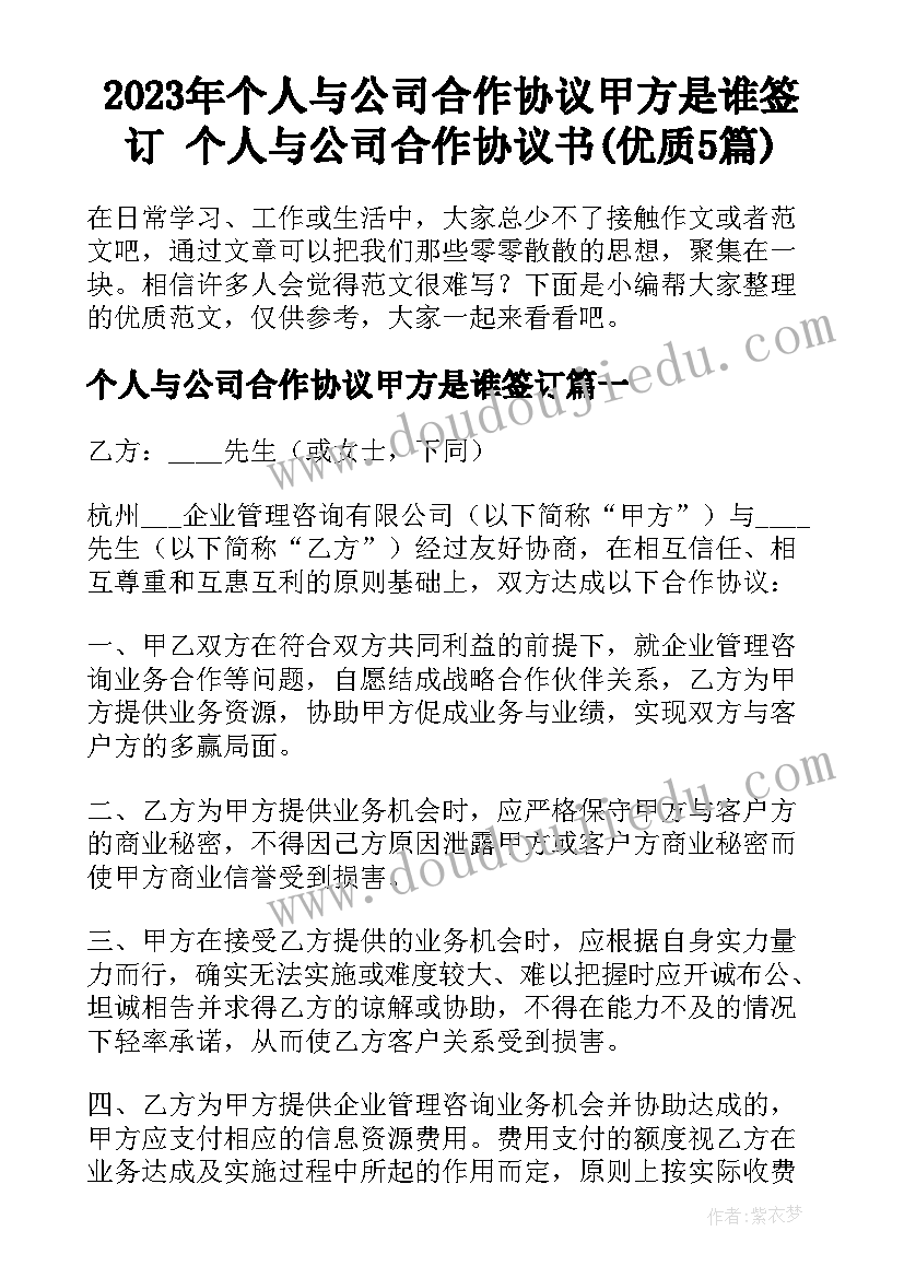 2023年个人与公司合作协议甲方是谁签订 个人与公司合作协议书(优质5篇)