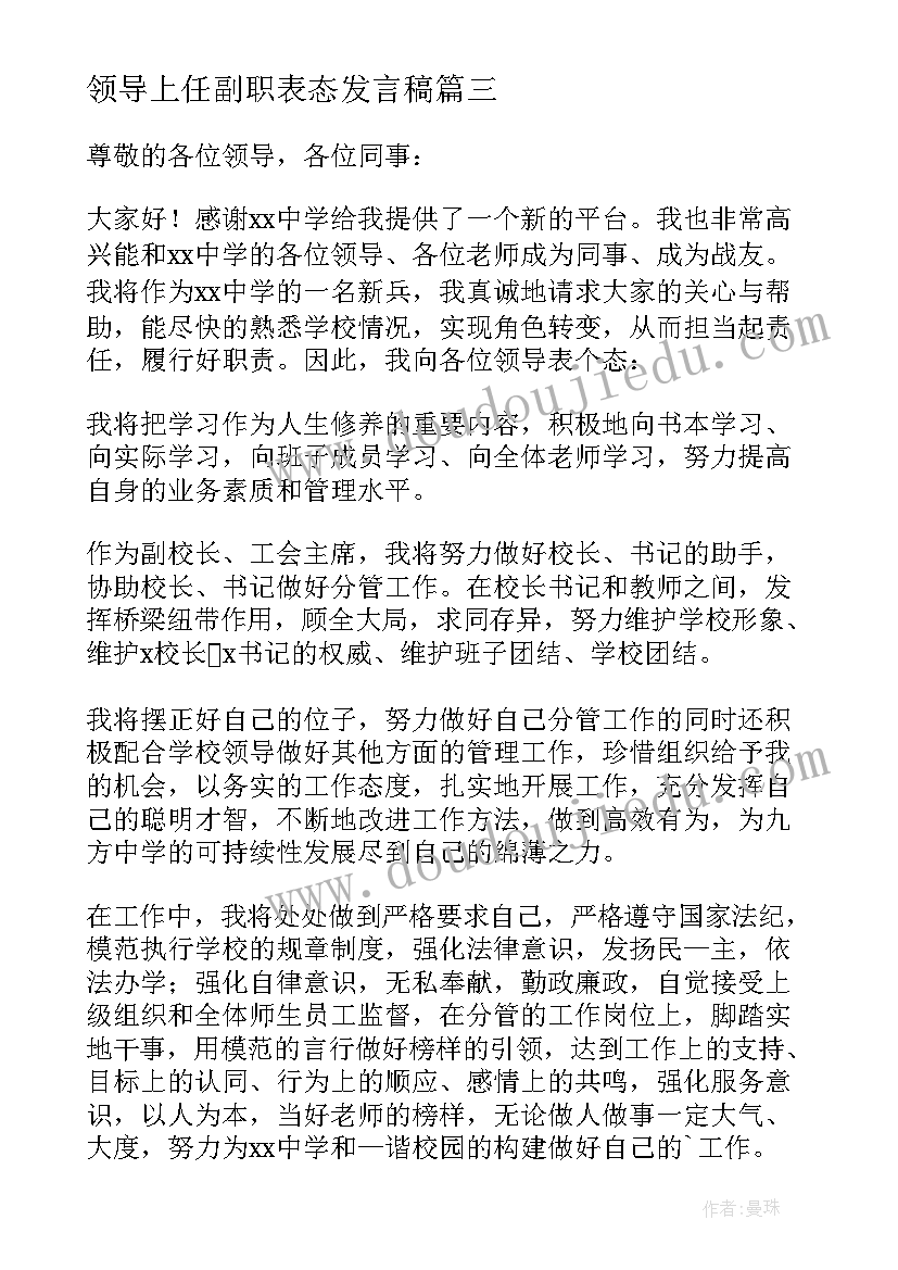 领导上任副职表态发言稿(优质5篇)