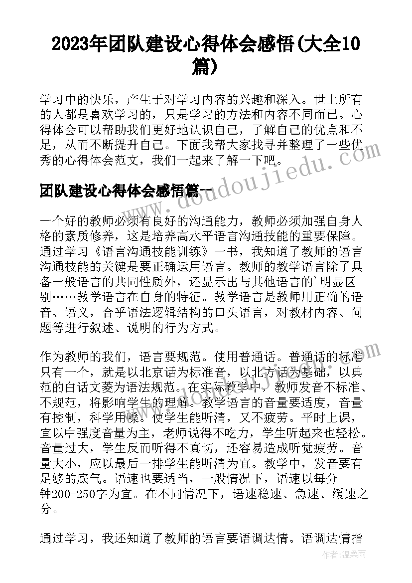 2023年团队建设心得体会感悟(大全10篇)