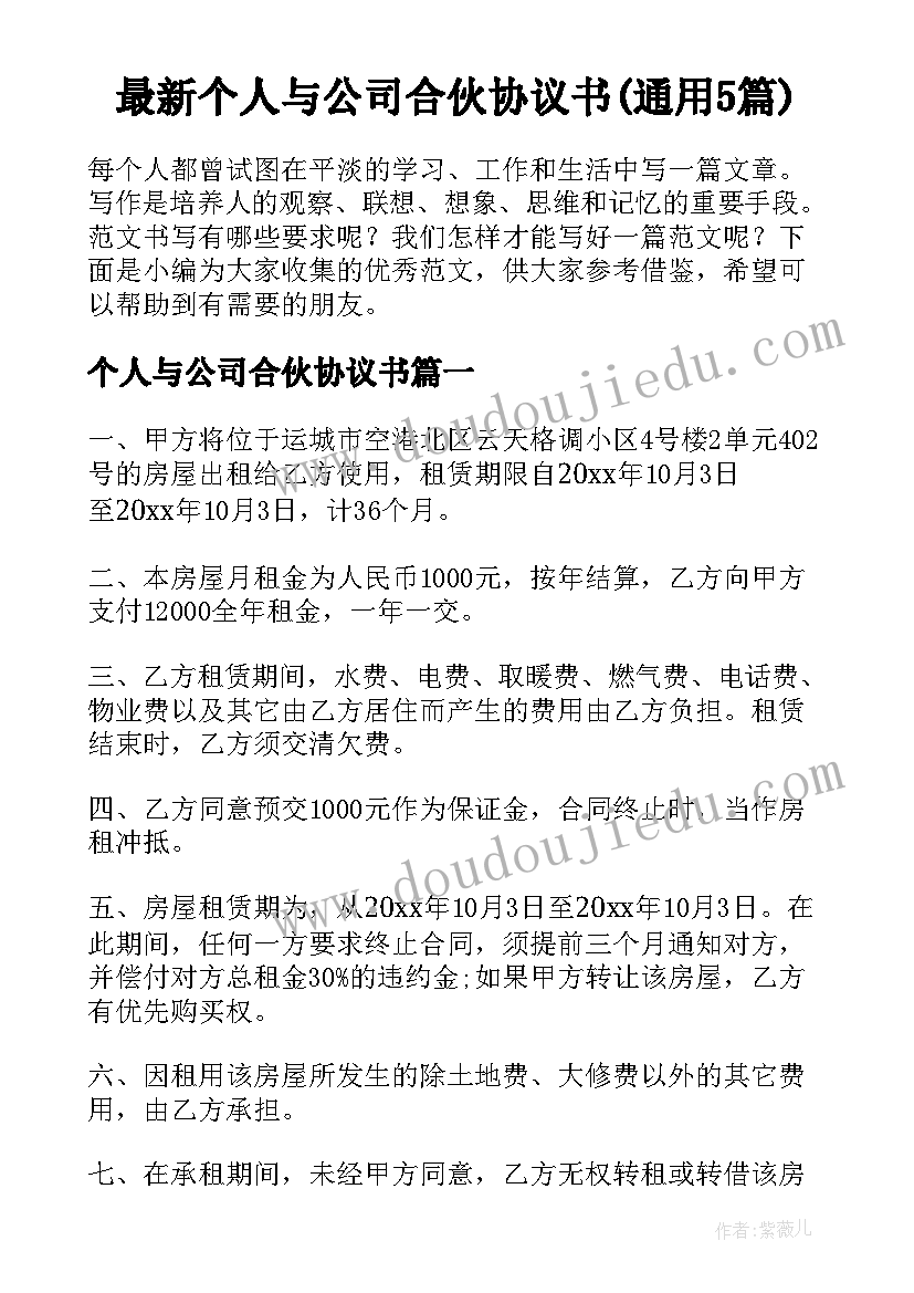 最新个人与公司合伙协议书(通用5篇)