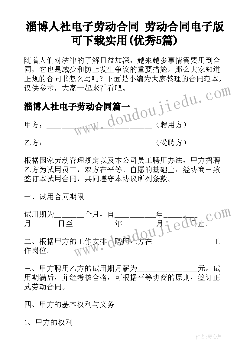 淄博人社电子劳动合同 劳动合同电子版可下载实用(优秀5篇)