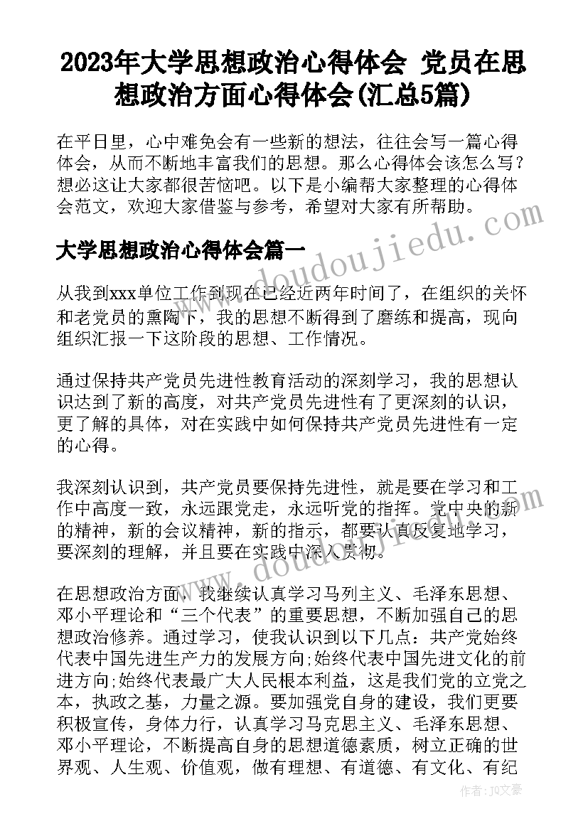 2023年大学思想政治心得体会 党员在思想政治方面心得体会(汇总5篇)