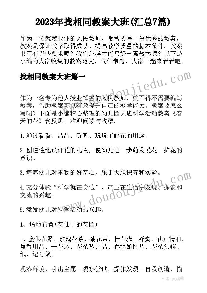 2023年找相同教案大班(汇总7篇)