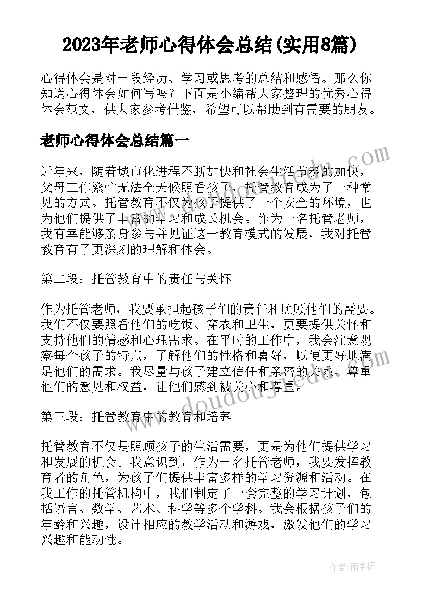 2023年老师心得体会总结(实用8篇)