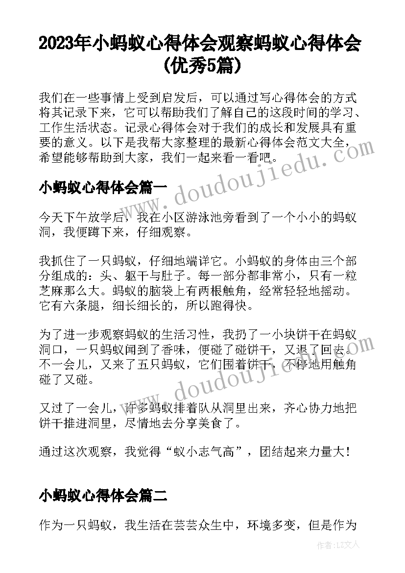 2023年小蚂蚁心得体会 观察蚂蚁心得体会(优秀5篇)