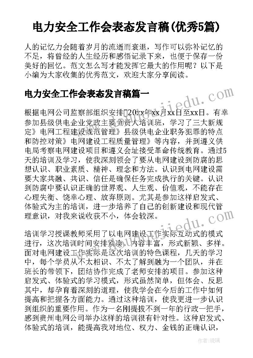 电力安全工作会表态发言稿(优秀5篇)