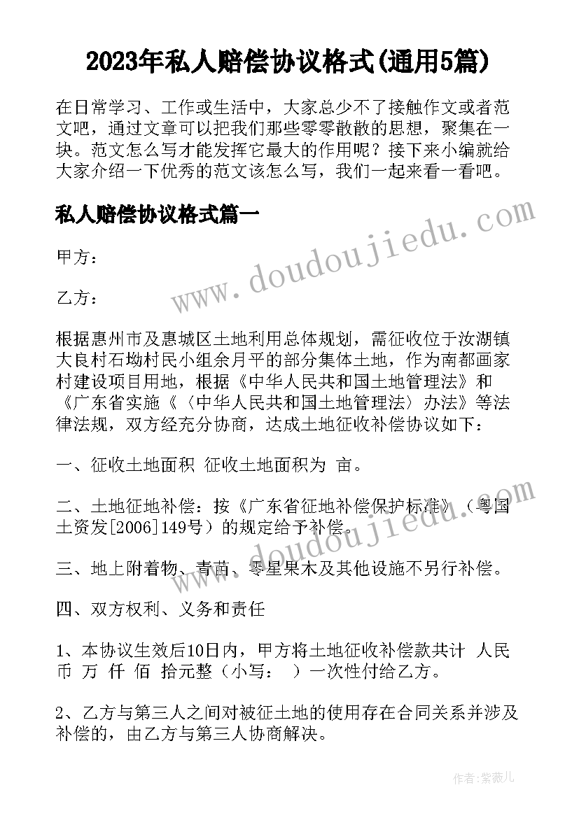 2023年私人赔偿协议格式(通用5篇)