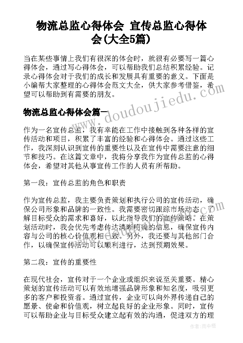 物流总监心得体会 宣传总监心得体会(大全5篇)