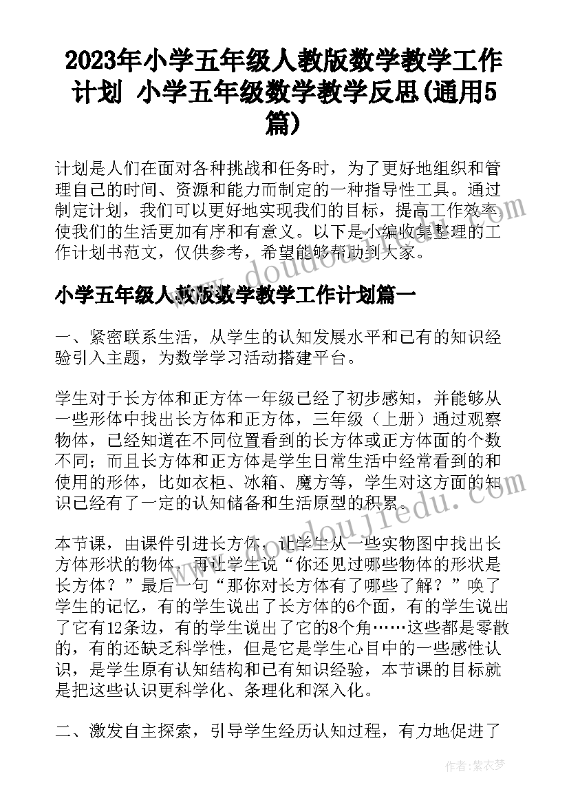 2023年小学五年级人教版数学教学工作计划 小学五年级数学教学反思(通用5篇)