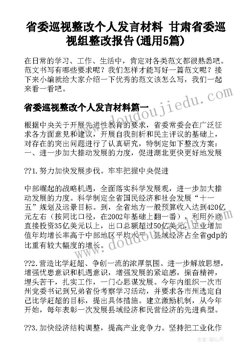 省委巡视整改个人发言材料 甘肃省委巡视组整改报告(通用5篇)