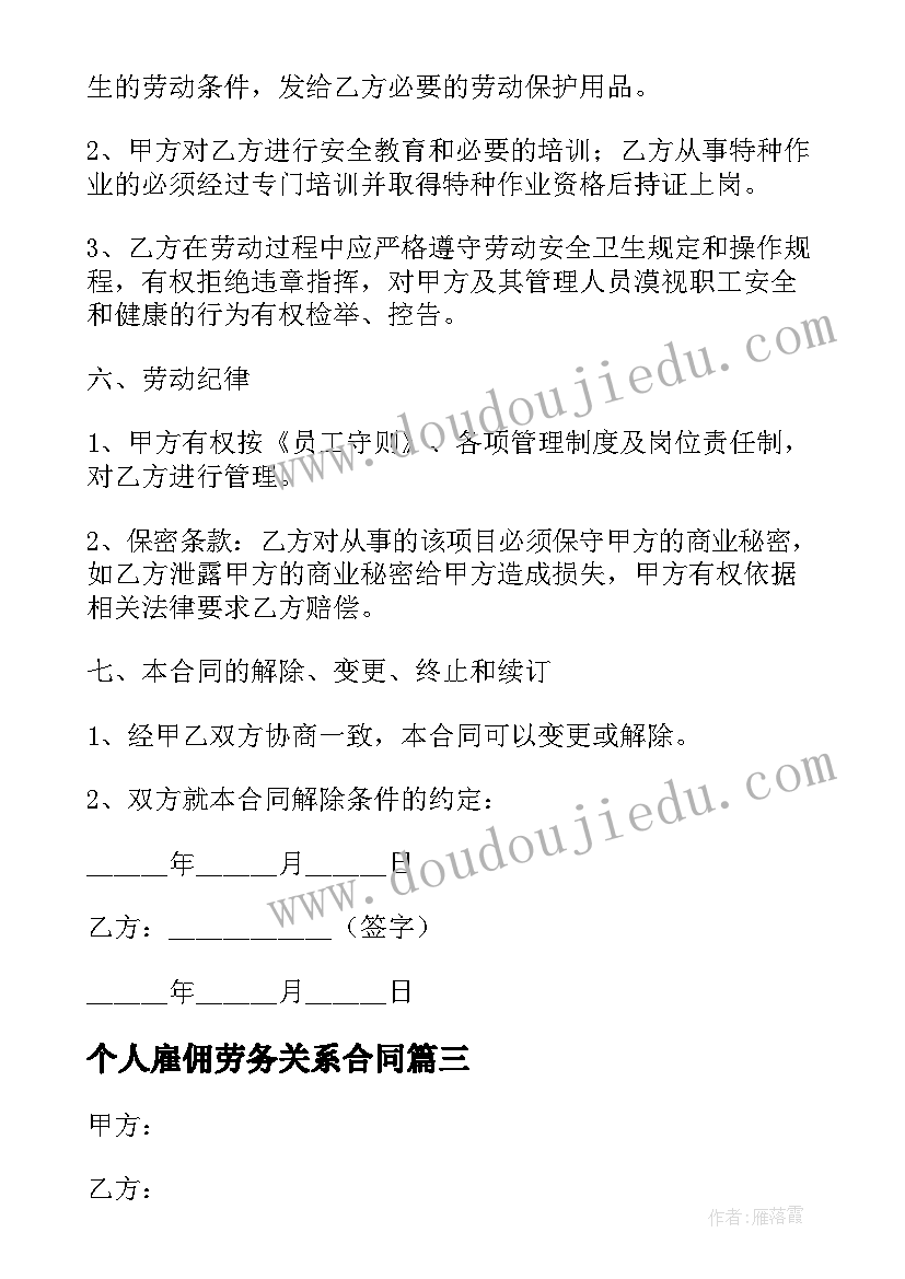 个人雇佣劳务关系合同 个人雇佣劳务合同(通用5篇)