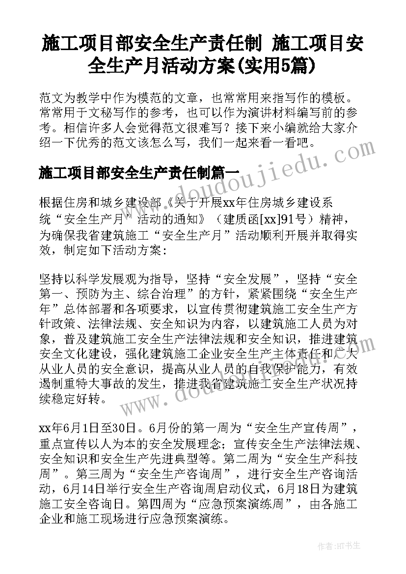 施工项目部安全生产责任制 施工项目安全生产月活动方案(实用5篇)