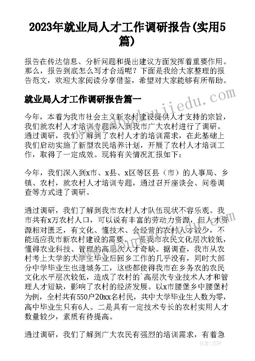 2023年就业局人才工作调研报告(实用5篇)