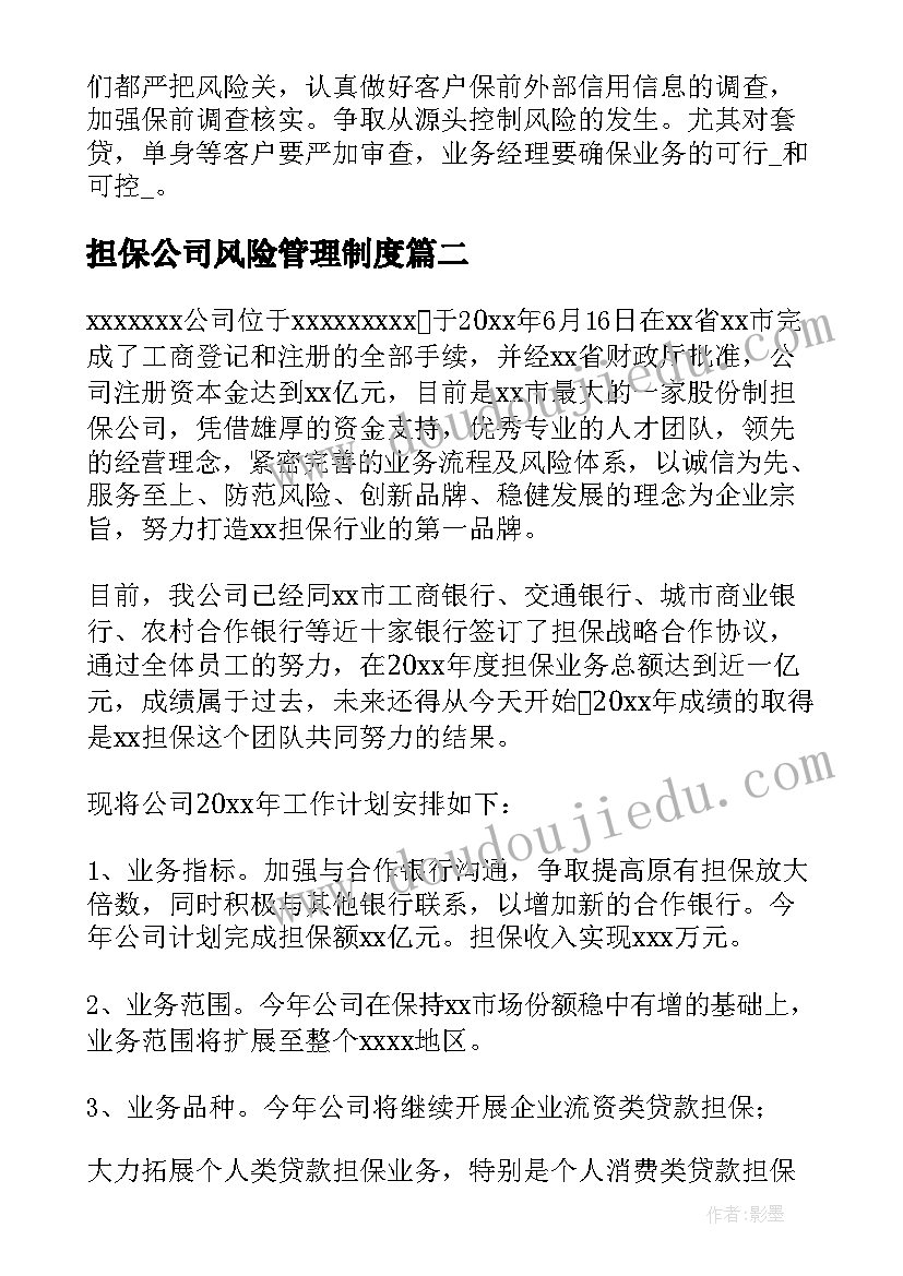 2023年担保公司风险管理制度 担保公司工作计划(优秀5篇)