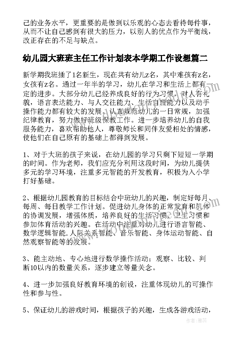 幼儿园大班班主任工作计划表本学期工作设想(模板5篇)