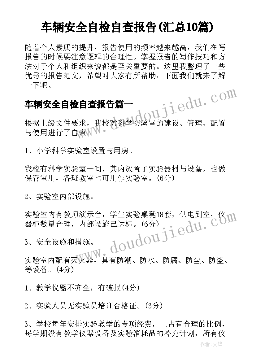 车辆安全自检自查报告(汇总10篇)