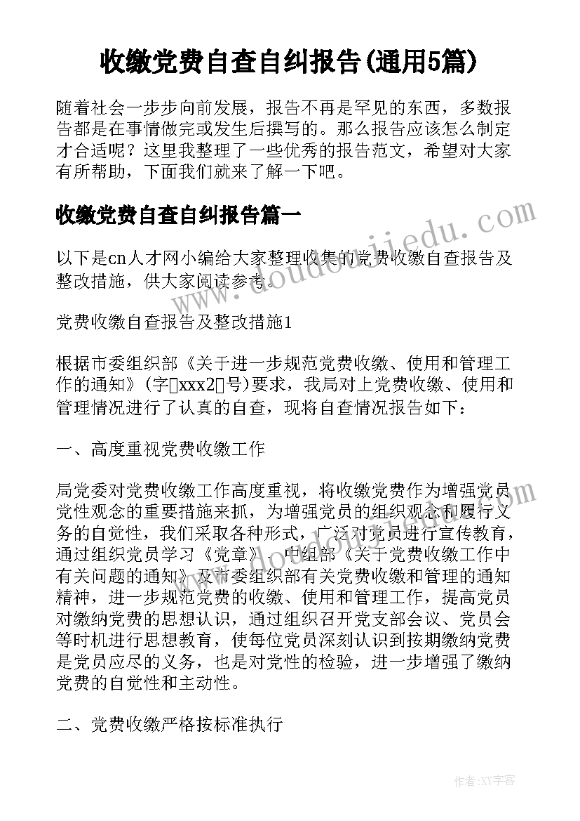 收缴党费自查自纠报告(通用5篇)