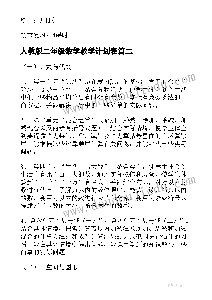 最新人教版二年级数学教学计划表(优秀8篇)