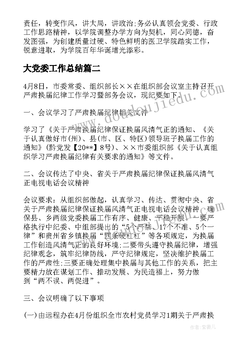 大党委工作总结 党委会议记录(通用5篇)